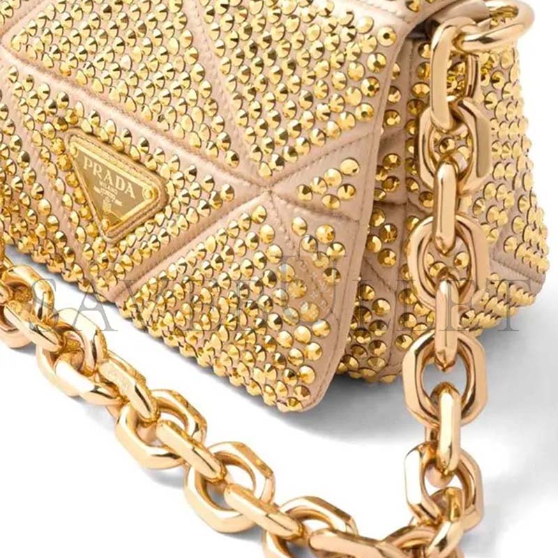 Pra*a mini crystal embellished triangle logo shoulder bag in gold 1bd329 (17*11.5*6cm)
